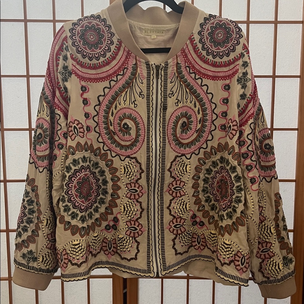 Rubyyaya Cream Bomber Jacket with Pink & Olive Embroidery